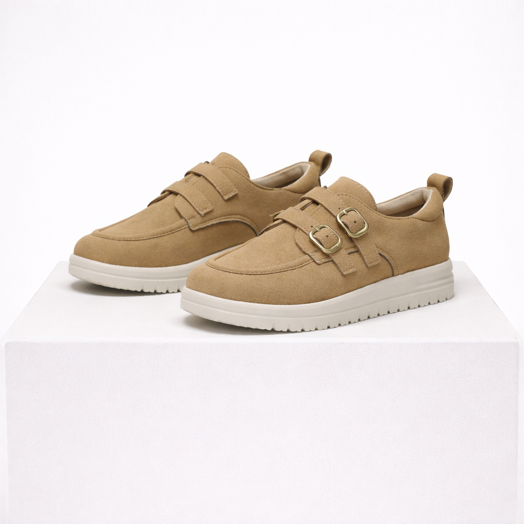 Slip-on platform loafers with double buckle details in camel, beige and blue