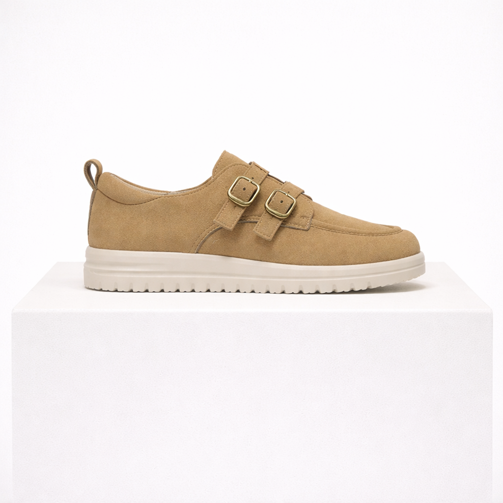 Slip-on platform loafers with double buckle details in camel, beige and blue