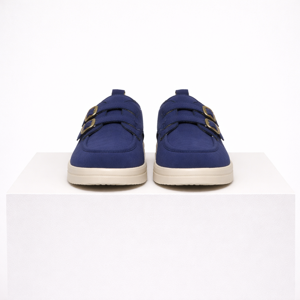 Slip-on platform loafers with double buckle details in camel, beige and blue