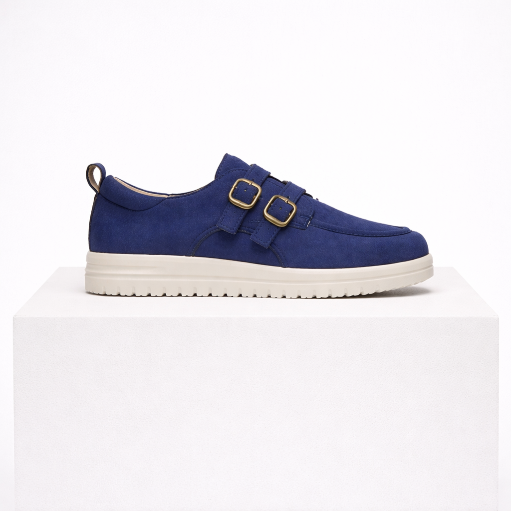 Slip-on platform loafers with double buckle details in camel, beige and blue