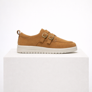 Slip-on platform loafers with double buckle details in camel, beige and blue