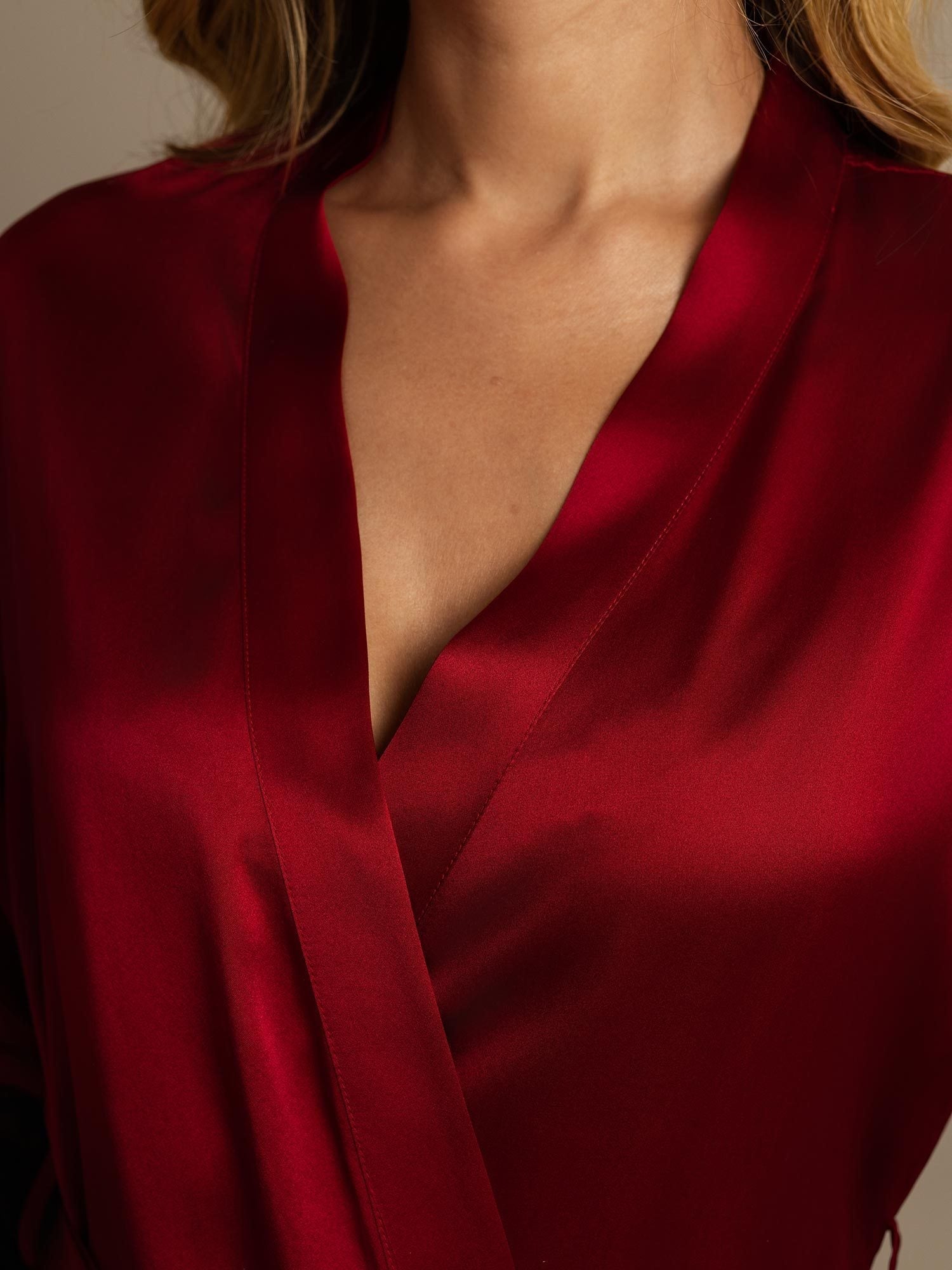 Lola pure mulberry silk dressing gown shown in wine red, black, dark blue and mauve grey