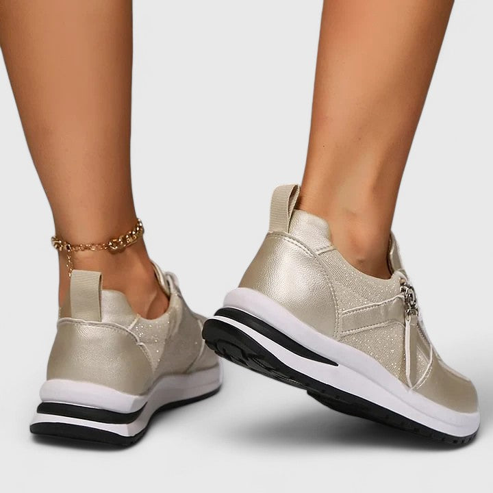 Florayne elegant zip shoes with cushioned sole, shown in silver, gold, black and brown