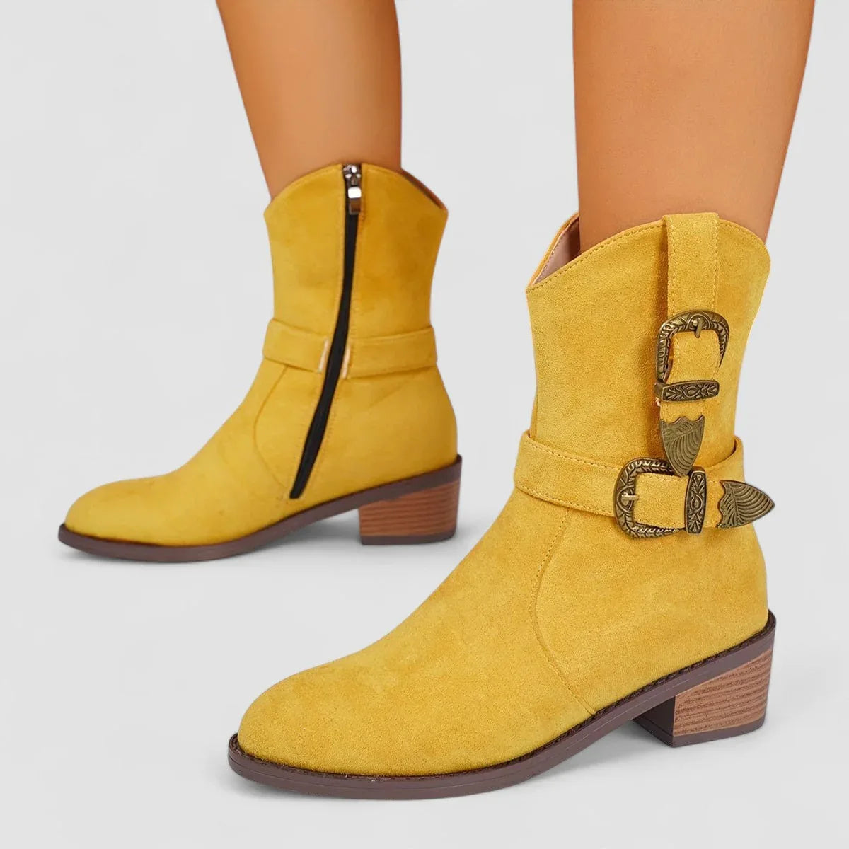 Rosa orthopedic Western boots in soft suede with a supportive block heel and non-slip outsole