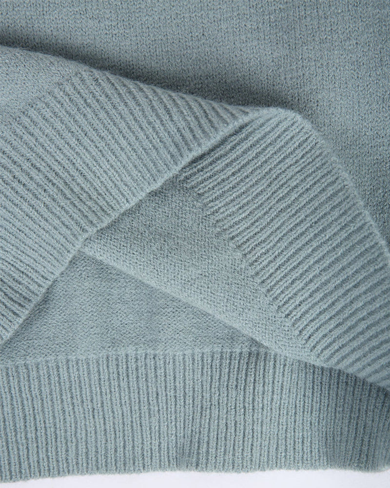 Mia relaxed knit jumper with ribbed cuffs shown in blue, grey and pink
