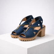 Denim-effect suede-look block heel sandals with chunky lug sole, open toe and gold-tone front zipper