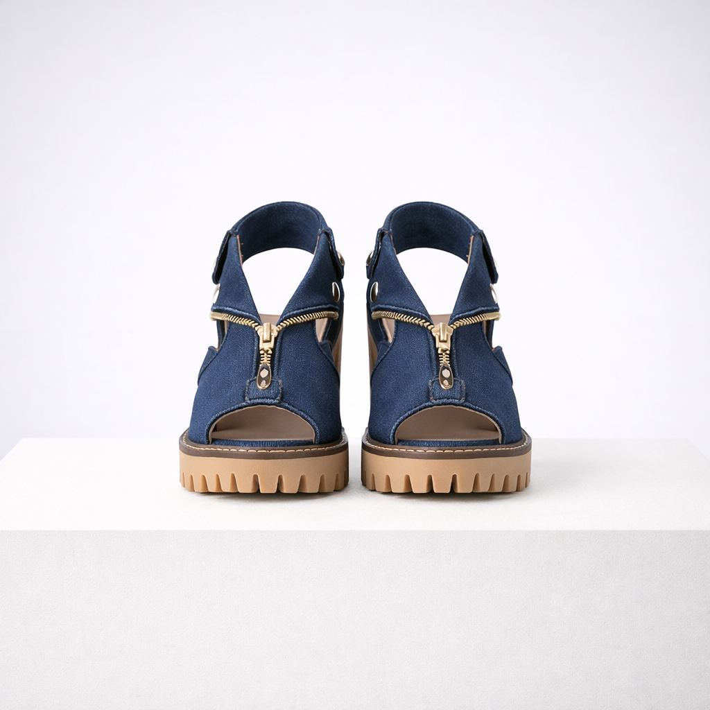 Denim-effect suede-look block heel sandals with chunky lug sole, open toe and gold-tone front zipper