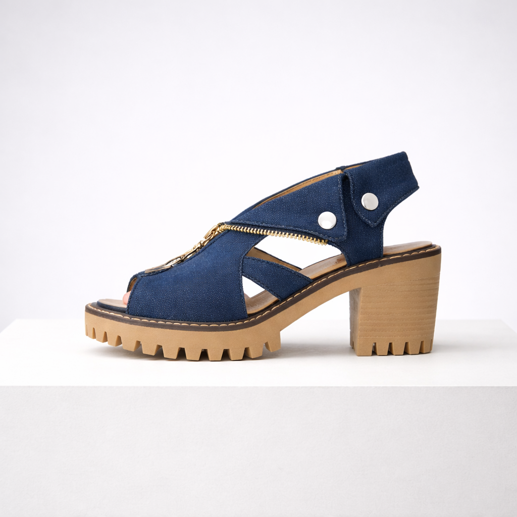 Denim-effect suede-look block heel sandals with chunky lug sole, open toe and gold-tone front zipper