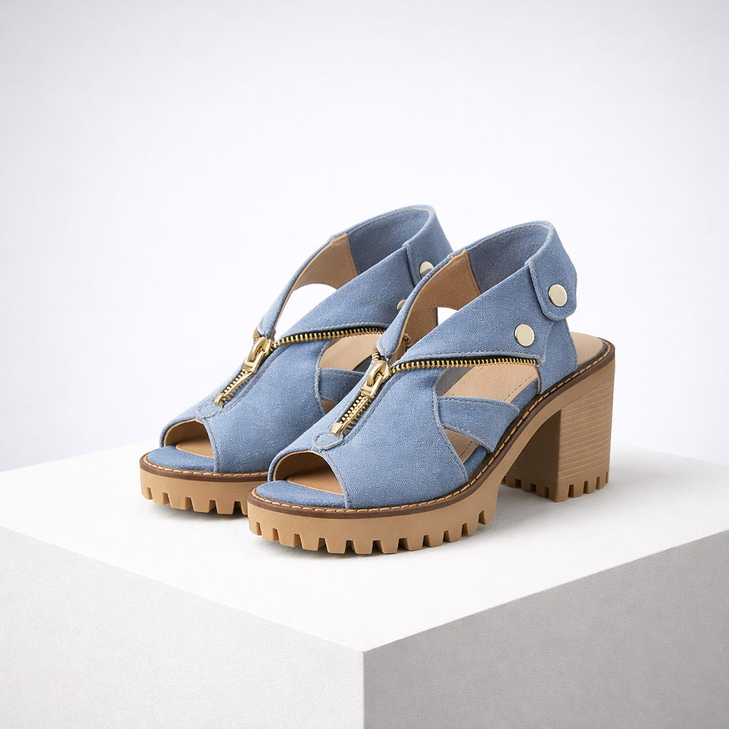 Denim-effect suede-look block heel sandals with chunky lug sole, open toe and gold-tone front zipper