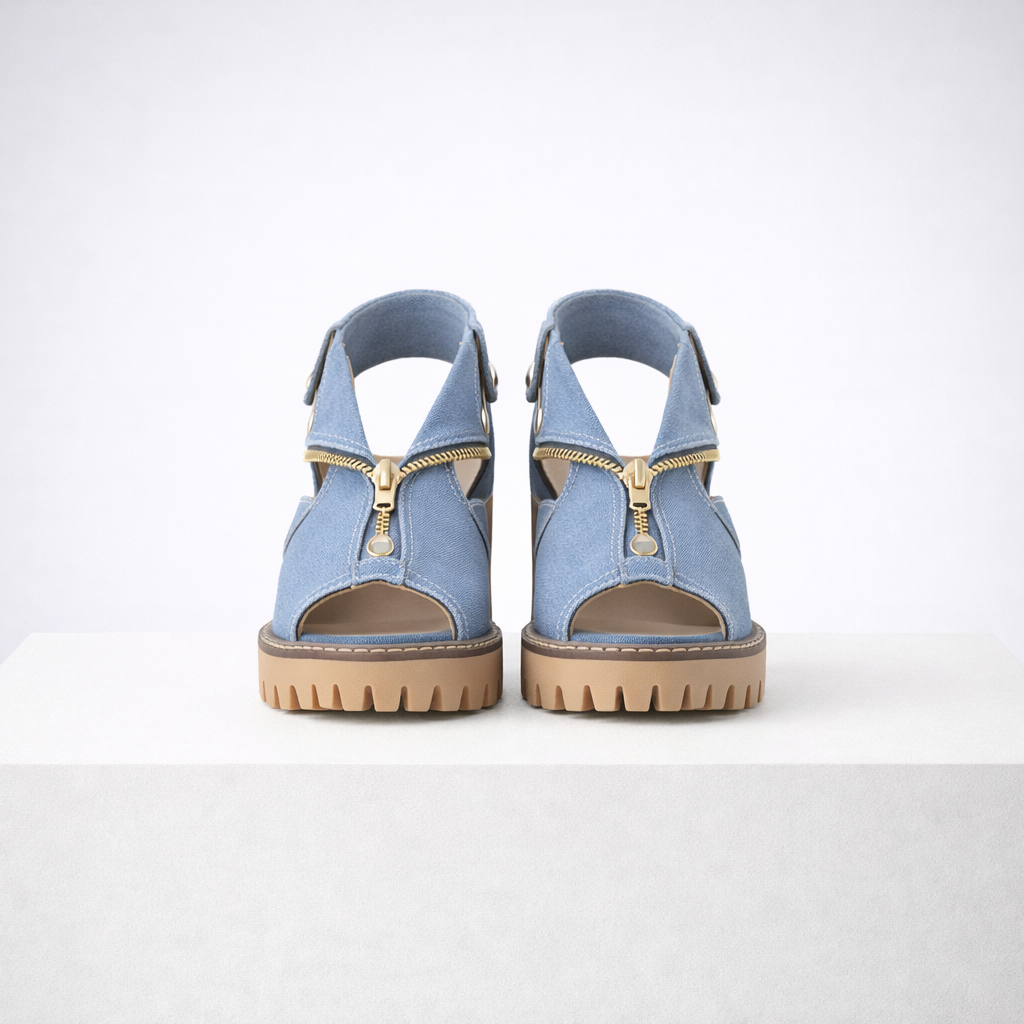 Denim-effect suede-look block heel sandals with chunky lug sole, open toe and gold-tone front zipper