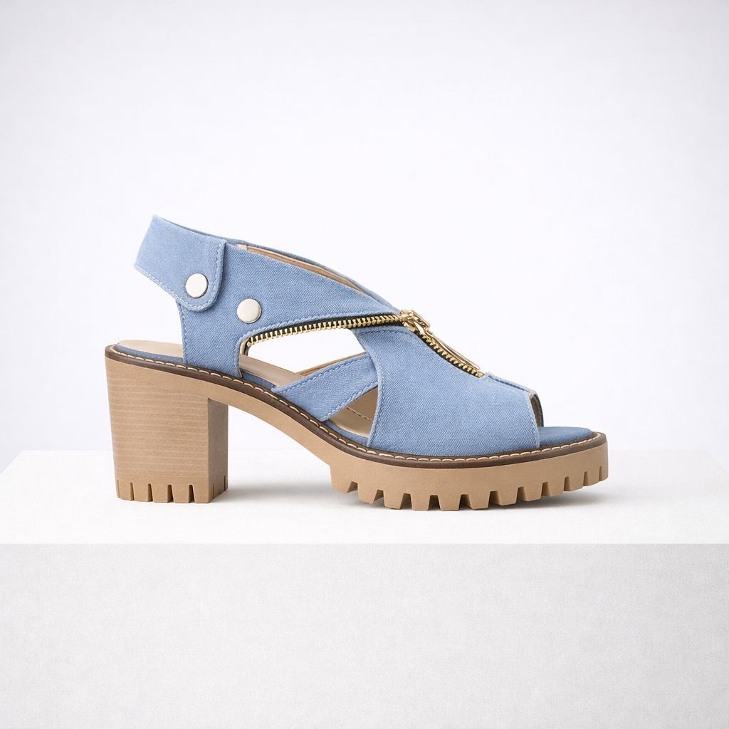 Denim-effect suede-look block heel sandals with chunky lug sole, open toe and gold-tone front zipper