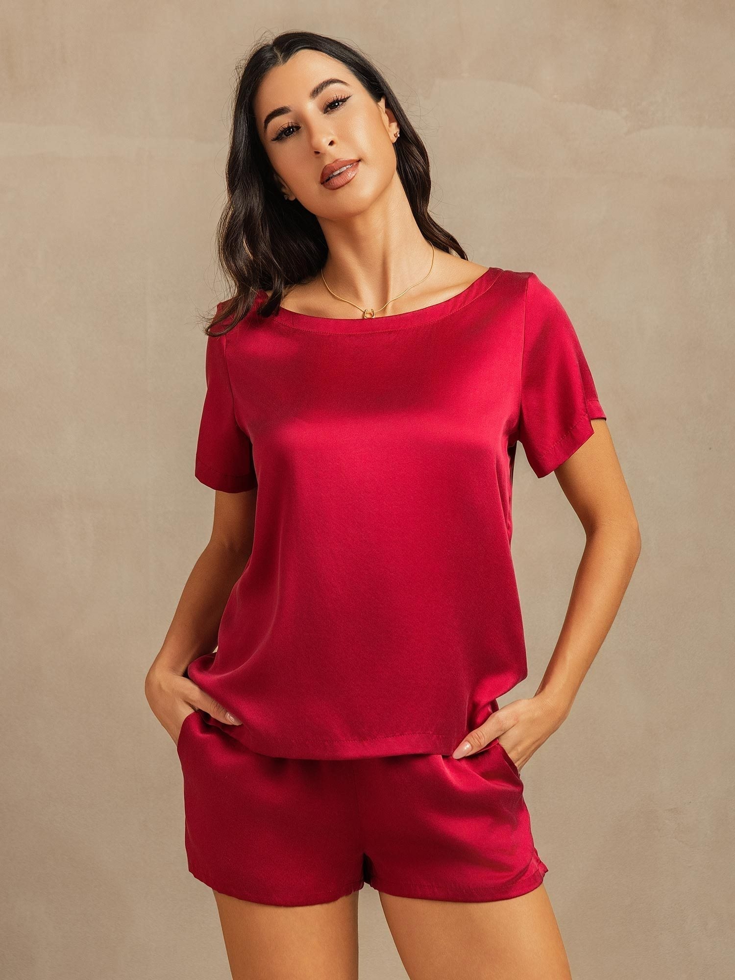 Mae soft mulberry silk pyjama set shown in an elegant matching top and bottom