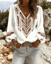 Sandra puffed sleeve blouse with wide V-neck, shown in white, blue and pink