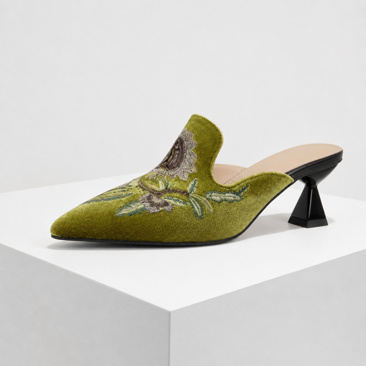 Embroidered velvet pointed-toe mules with floral detail and low flared heel