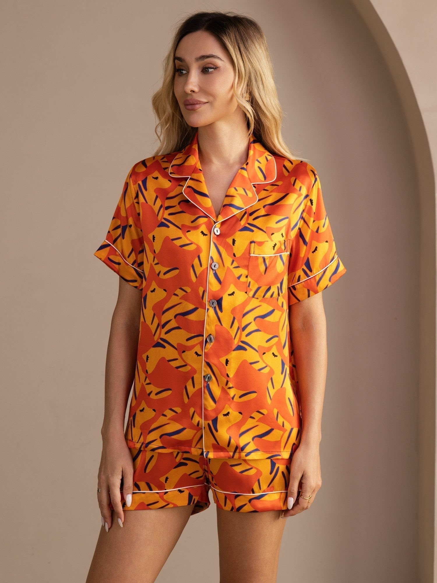 Abigail orange reed print pyjama set in pure mulberry silk