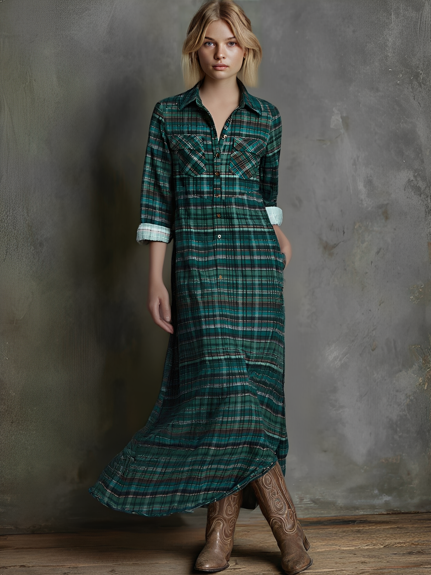 Billie green plaid print long-sleeved shirt with classic check pattern
