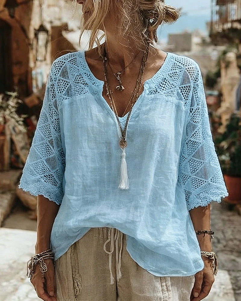 Cynthia v-neck blouse with lace detail, shown in white, blue and pink