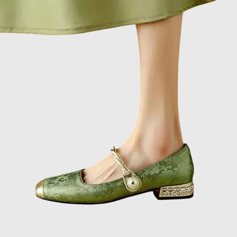 Cilia | Embroidered Buckle Sandals in Green, Beige & Black