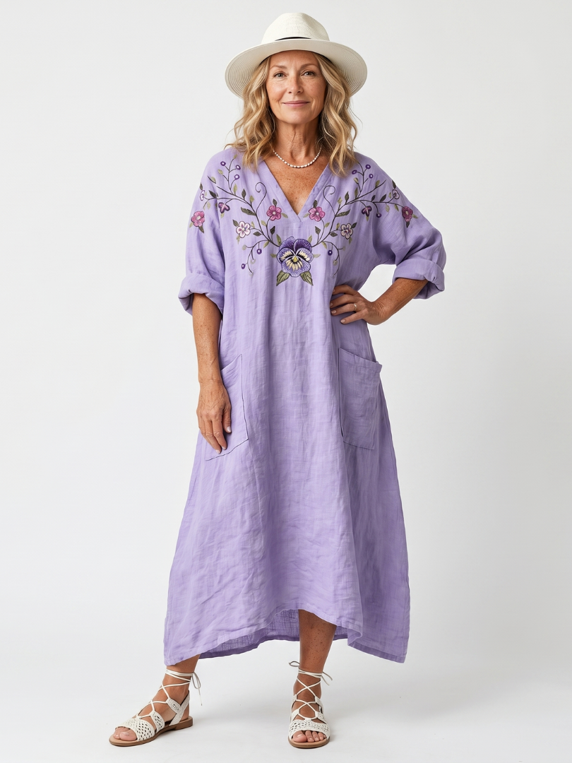 Purple floral embroidered oversized midi dress with pockets and a relaxed silhouette
