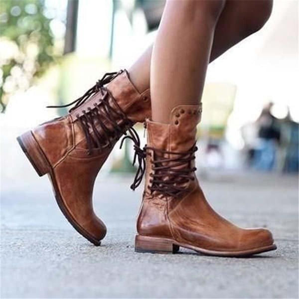 Ciss vintage lace-up boots with distressed leather-look finish and stud detailing