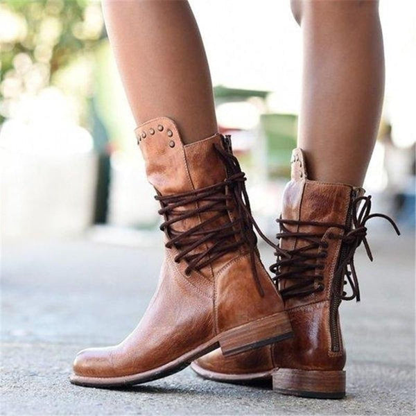 Ciss vintage lace-up boots with distressed leather-look finish and stud detailing