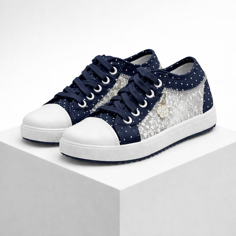 Denim low-top lace-up sneakers with lace mesh side panels and rubber toe cap