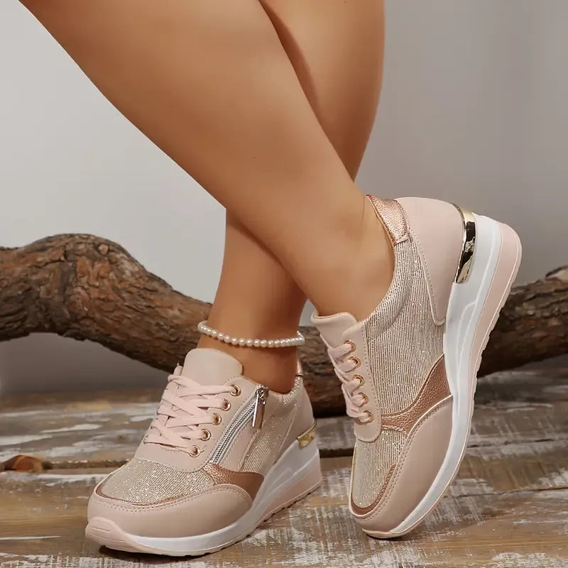 Pearl lace-up orthopedic sneakers shown in pink, gold and silver