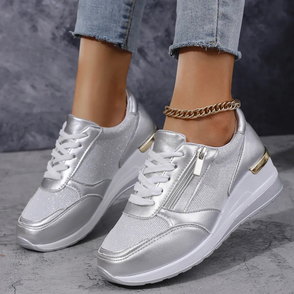 Pearl lace-up orthopedic sneakers shown in pink, gold and silver