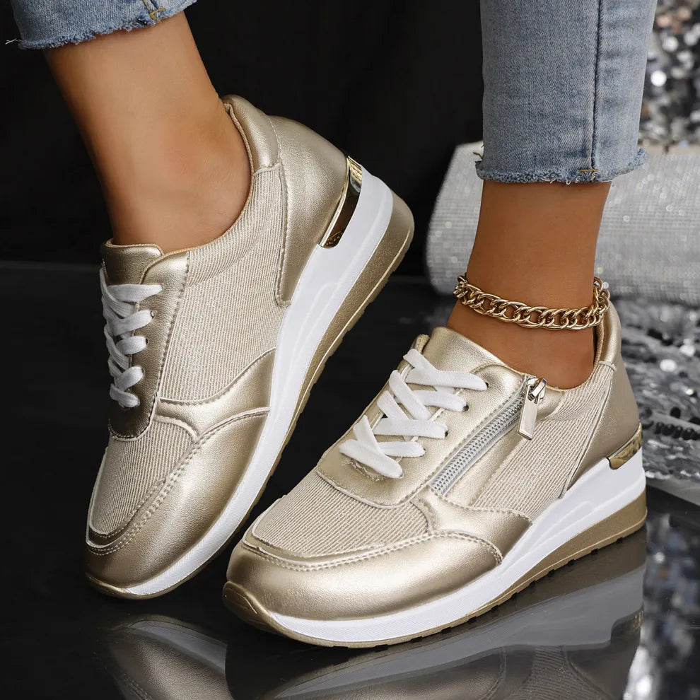Pearl lace-up orthopedic sneakers shown in pink, gold and silver