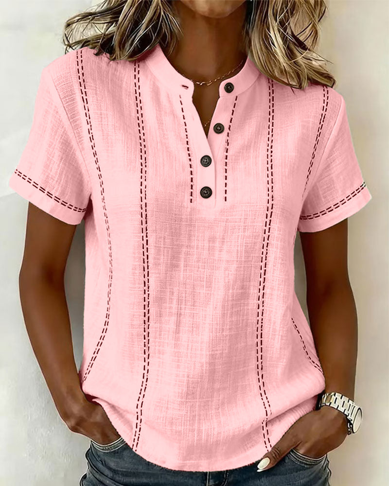 Linda casual button v-neck tee shown in white, blue and pink
