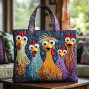 Handmade artisan bag featuring a colorful five chickens design, shown in two sizes