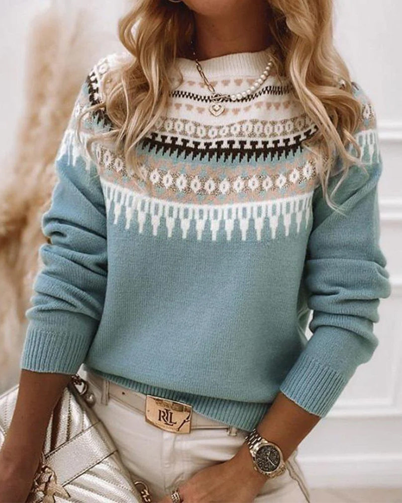 Mia relaxed knit jumper with ribbed cuffs shown in blue, grey and pink