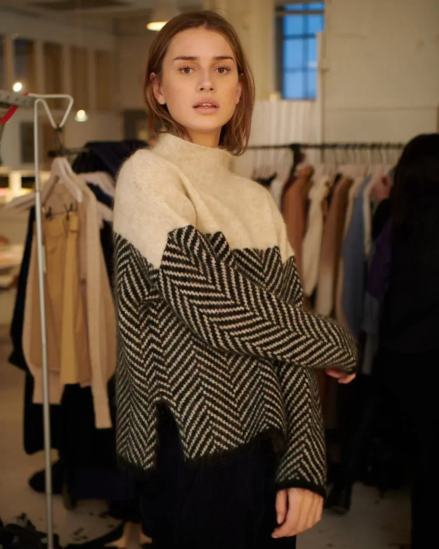 Gia luxury cashmere turtleneck jumper shown in oak brown, midnight blue and lilac violet