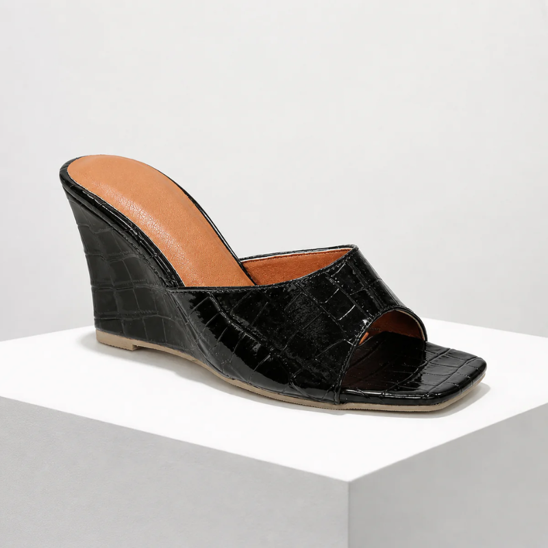 Croc-embossed open-toe wedge sandals with a slip-on style