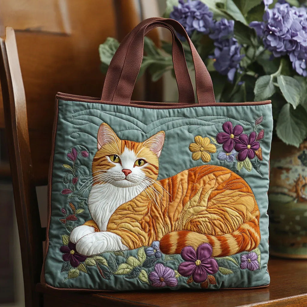 Handmade artisan tote bag with a playful orange cat design, shown in two sizes