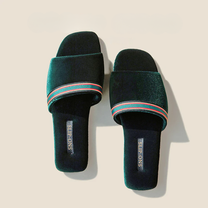 Velvety open-toe slippers with ribbon detailing in red, green and brown