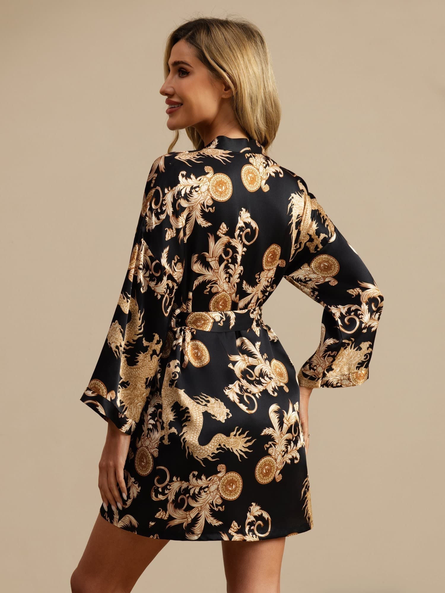 Linda pure mulberry silk kimono robe with dragon print in black, wine and navy