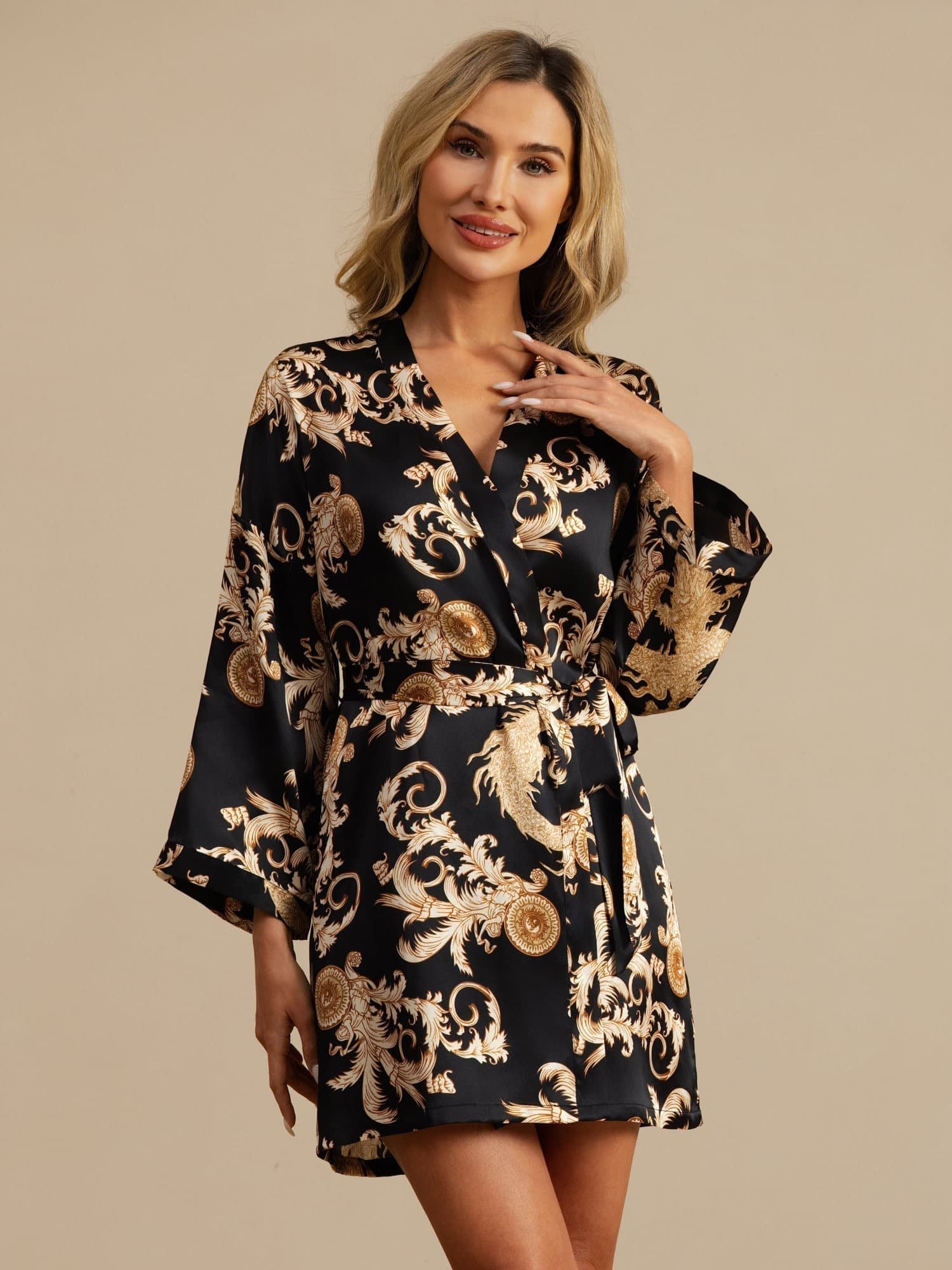 Linda pure mulberry silk kimono robe with dragon print in black, wine and navy