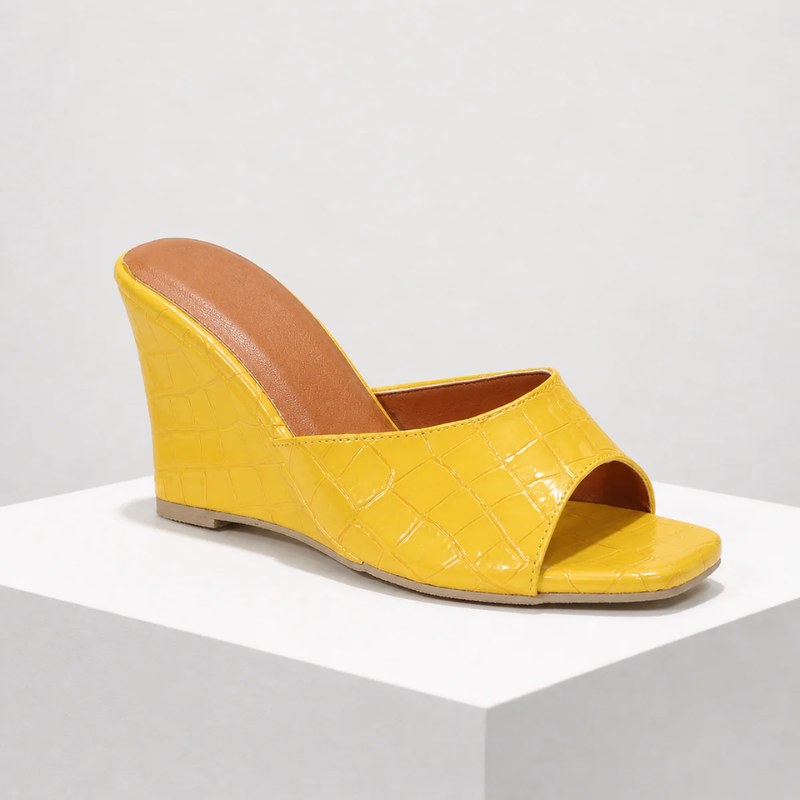 Croc-embossed open-toe wedge sandals with a slip-on style