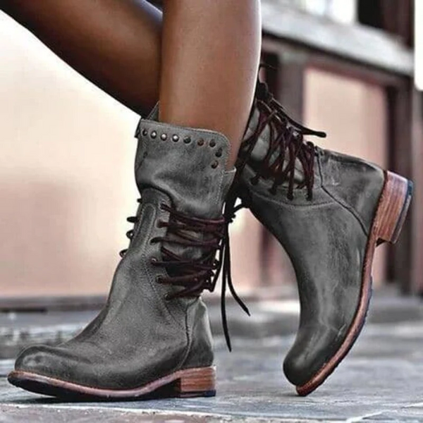 Ciss vintage lace-up boots with distressed leather-look finish and stud detailing