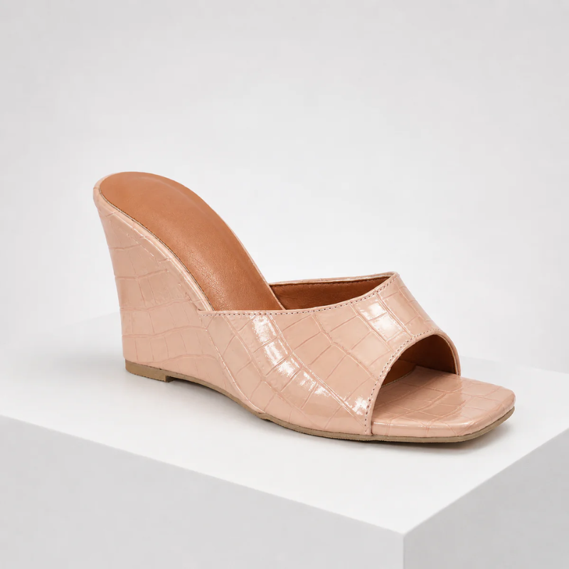 Croc-embossed open-toe wedge sandals with a slip-on style