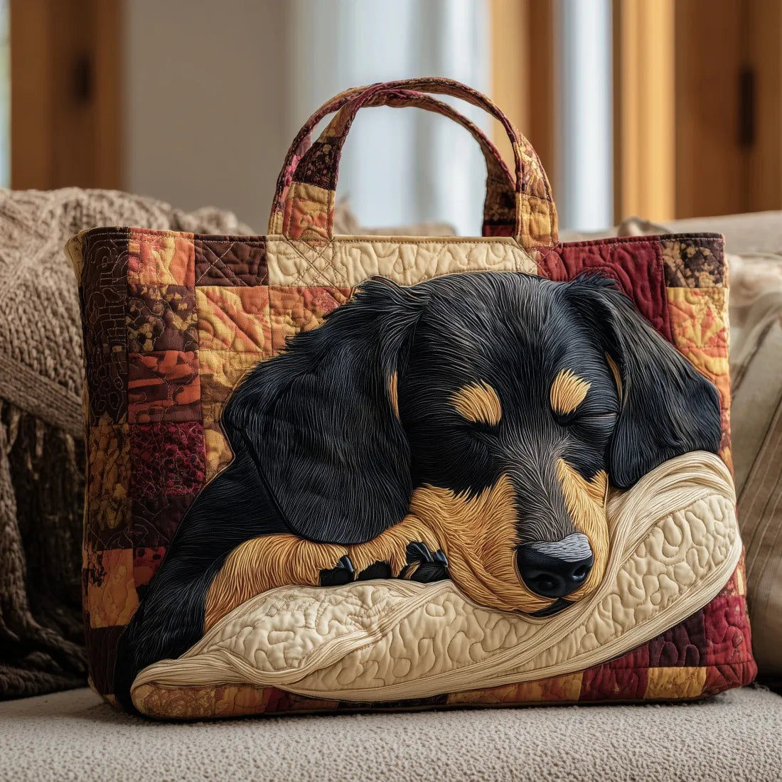 Handmade artisanal Dachshund-themed bag shown in two sizes