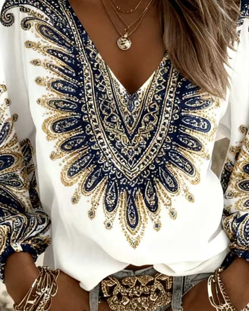 Karen v-neck retro print top shown in blue, green and brown