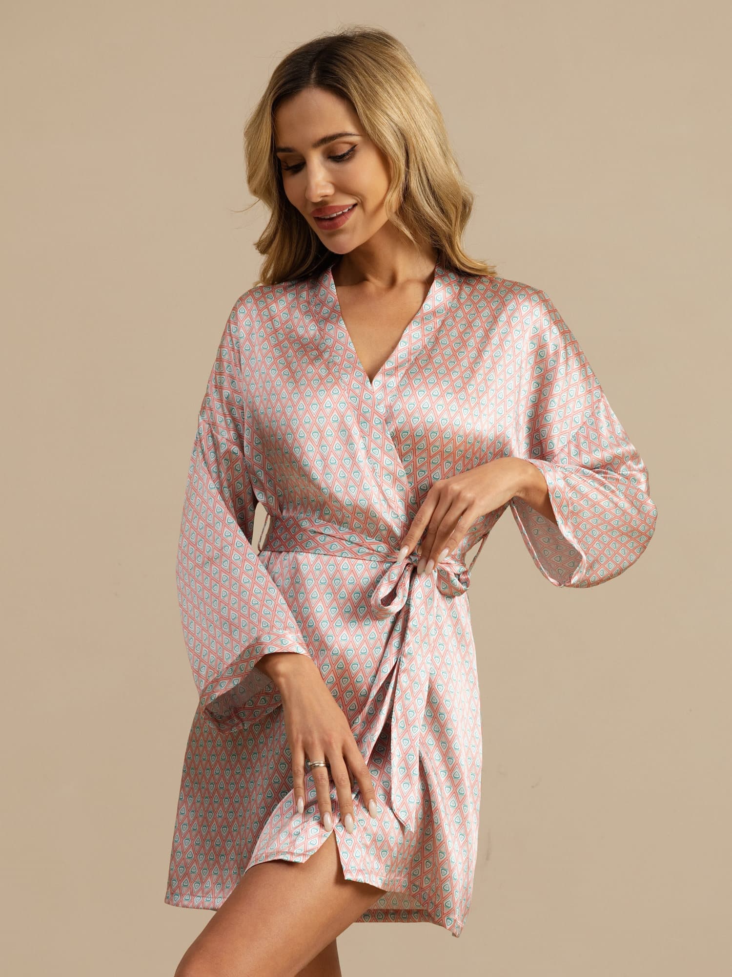 Luna short silk nightgown in heart geo print, soft mulberry silk sleepwear