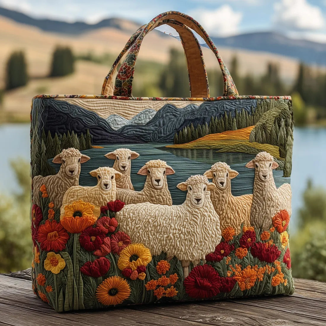 Artisanal handmade Sheep by the Lake bag shown in two sizes