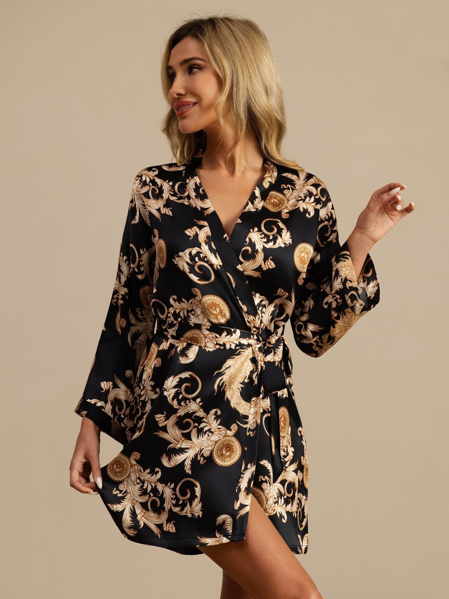 Linda pure mulberry silk kimono robe with dragon print in black, wine and navy