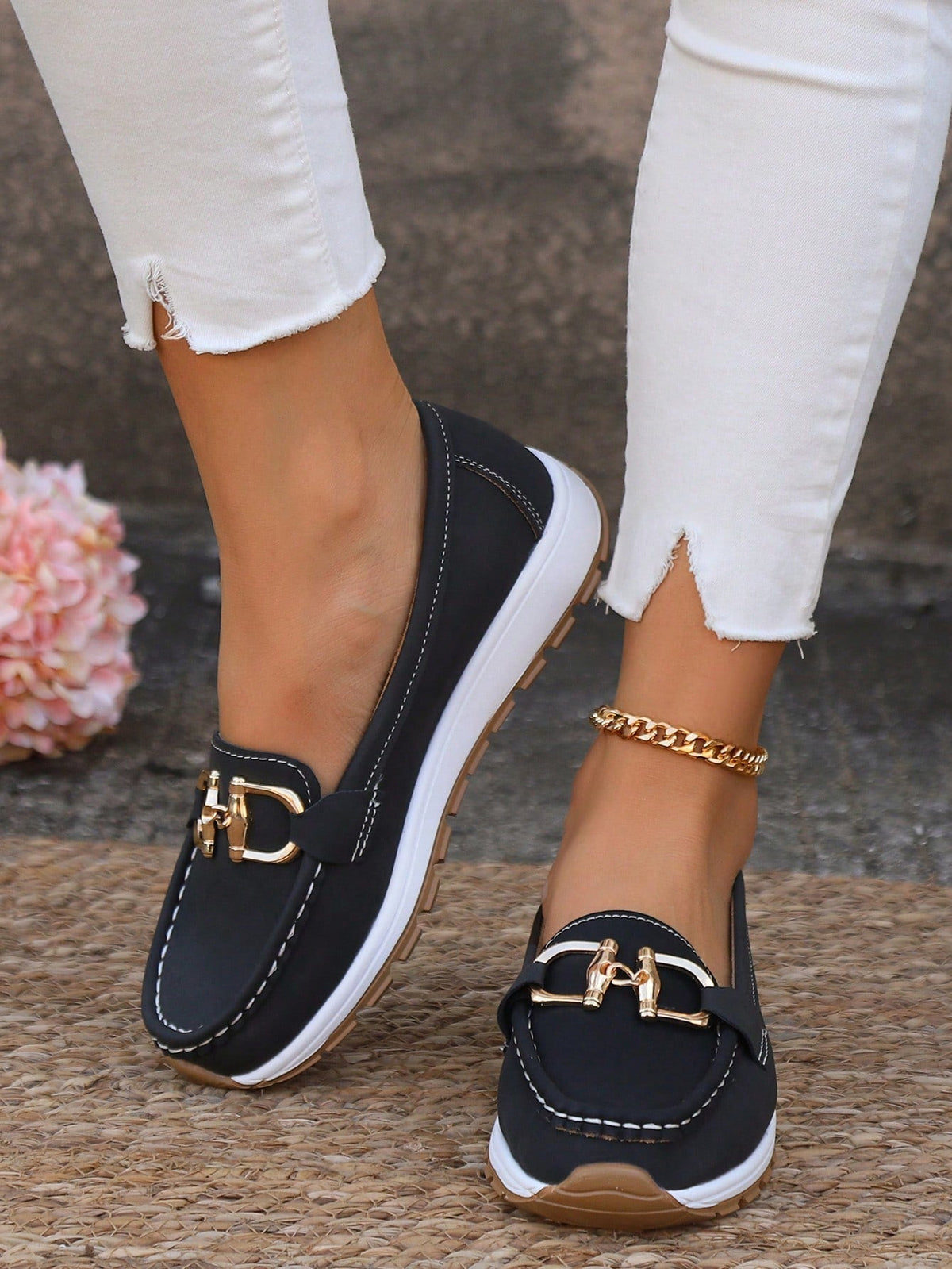 Classic buckle loafers for women shown in khaki, black, blue and grey