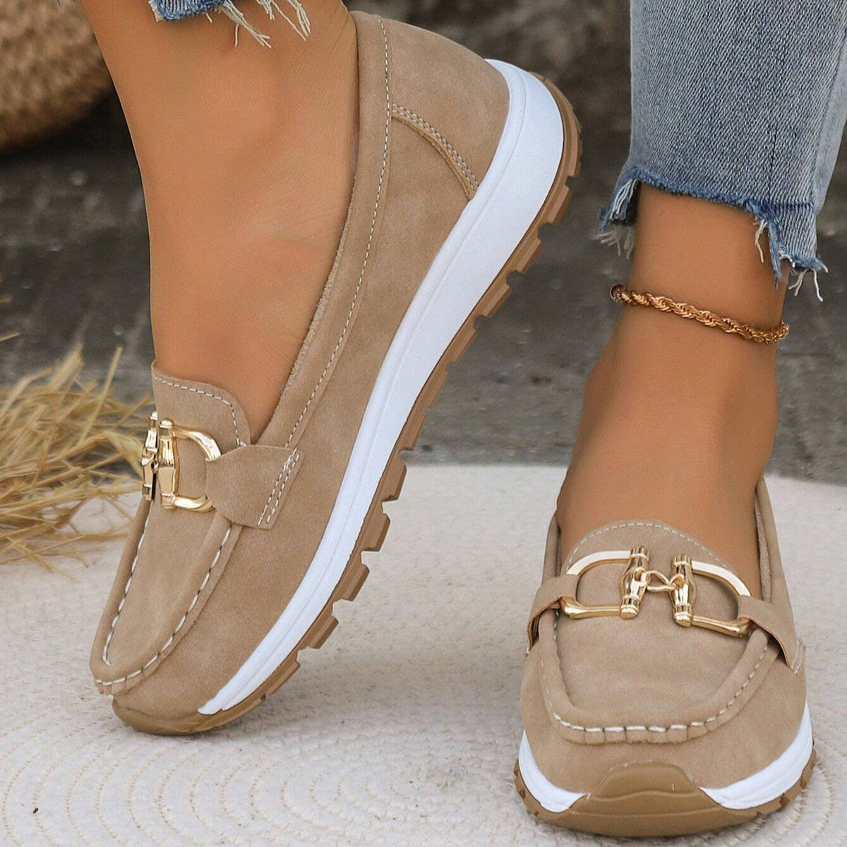 Classic buckle loafers for women shown in khaki, black, blue and grey
