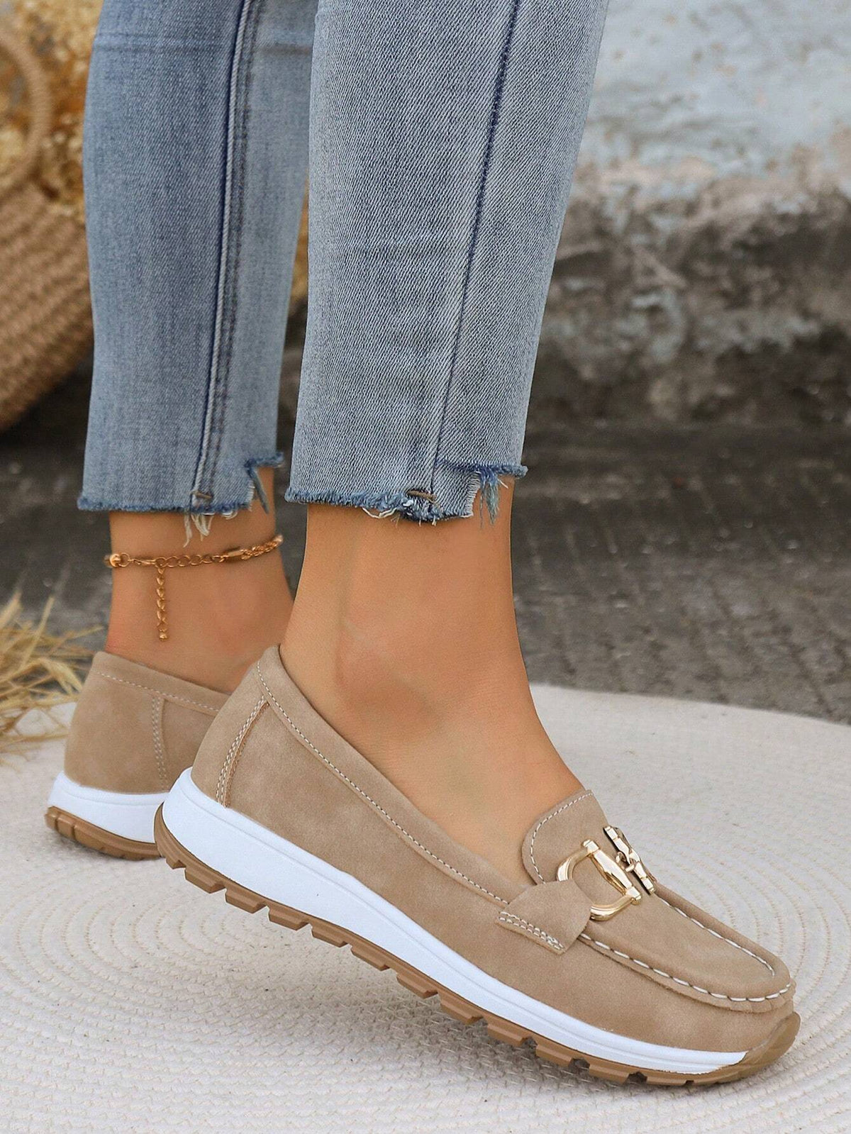 Classic buckle loafers for women shown in khaki, black, blue and grey