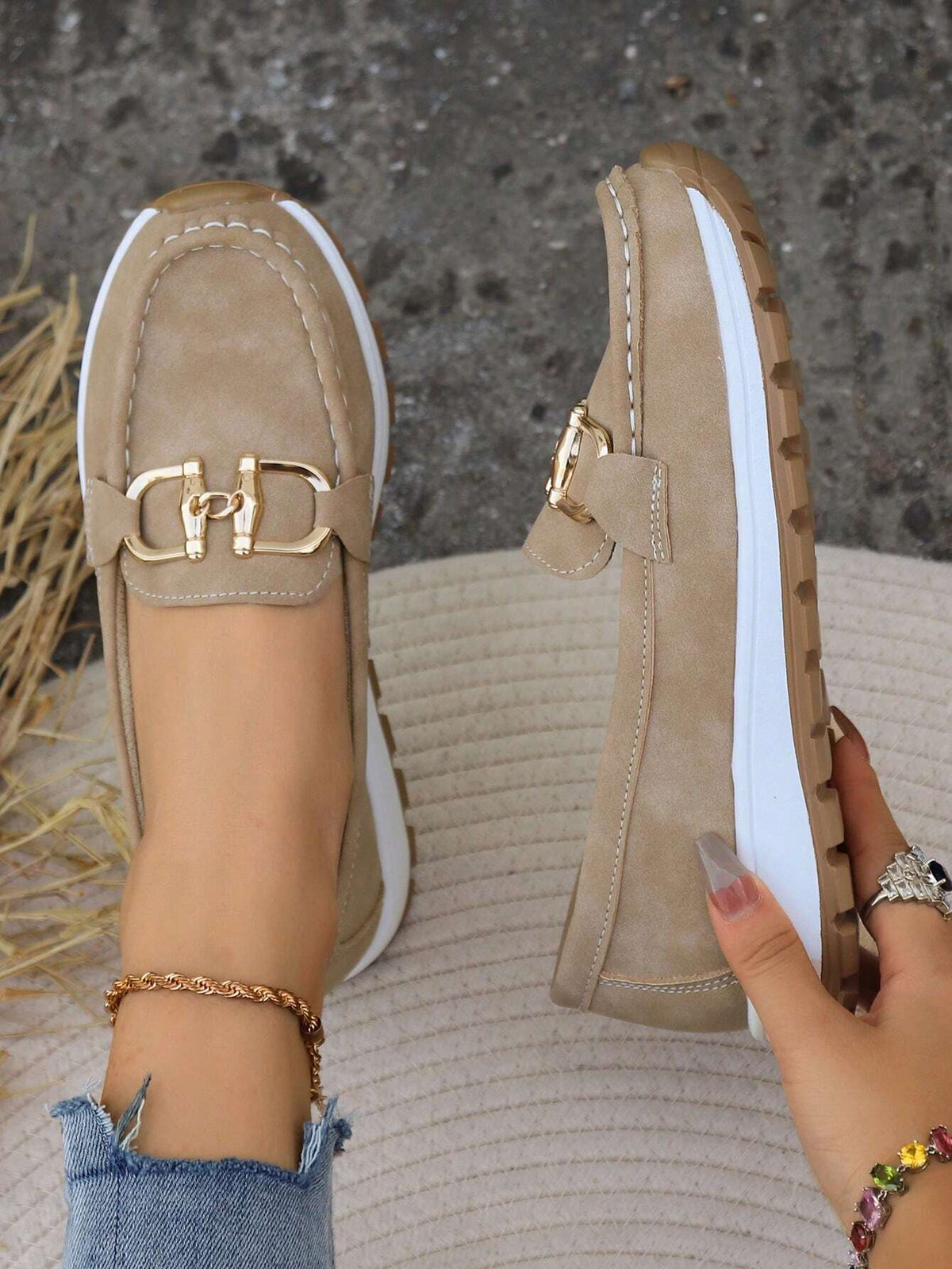 Classic buckle loafers for women shown in khaki, black, blue and grey
